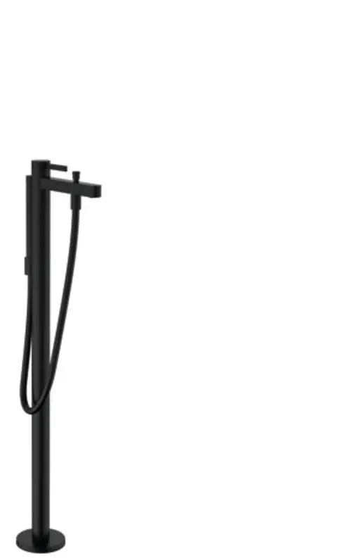 Bodenstehender Einhebel-Wannenmischer in Mattschwarz von Hansgrohe, mit schlankem Design und flexibler Handbrause, geeignet für moderne Badezimmerlösungen.